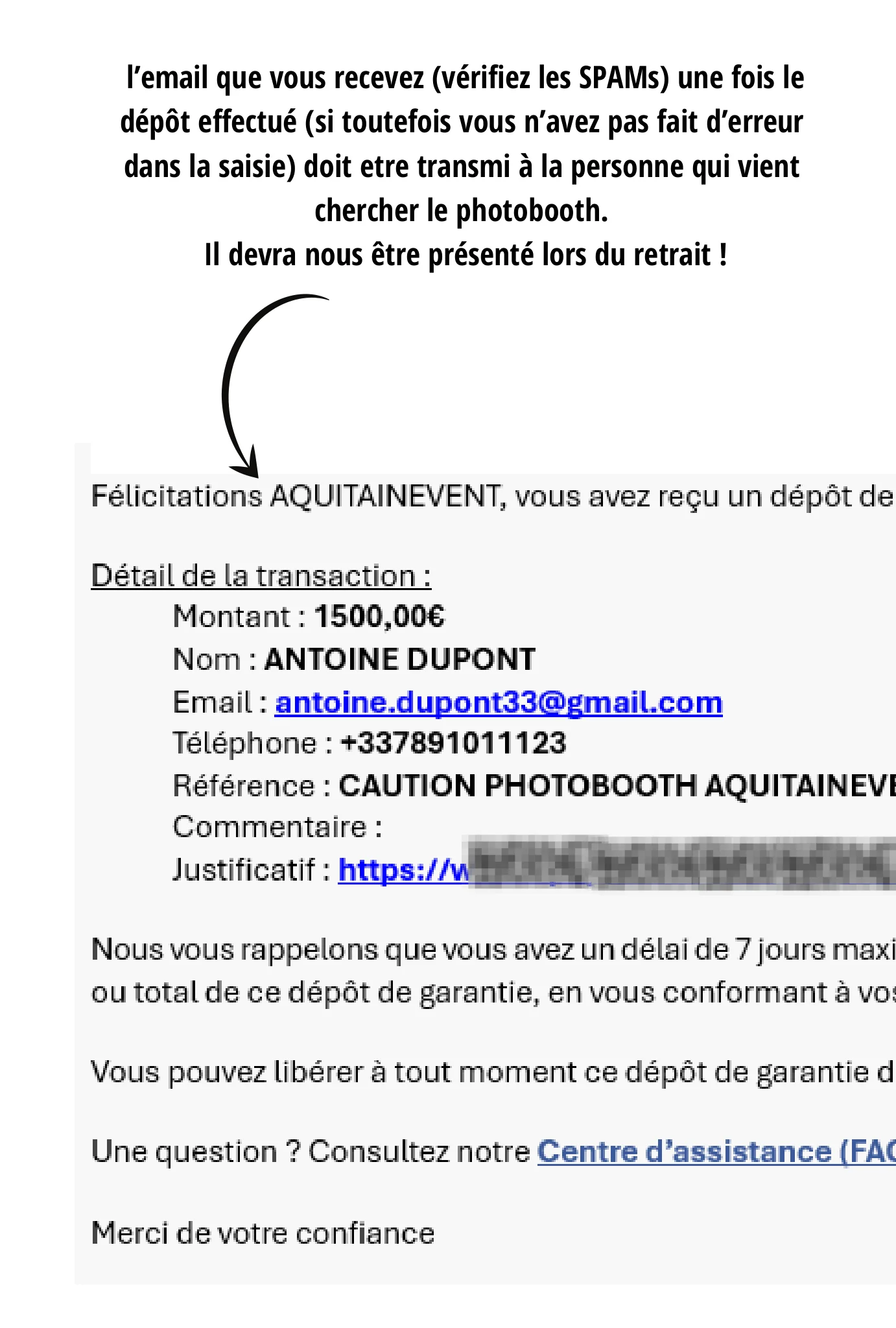 Email de confirmation dépôt caution